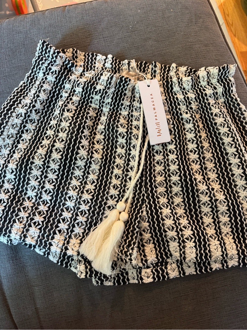 High-Waist Crochet Stripe Shorts in Black & Cream